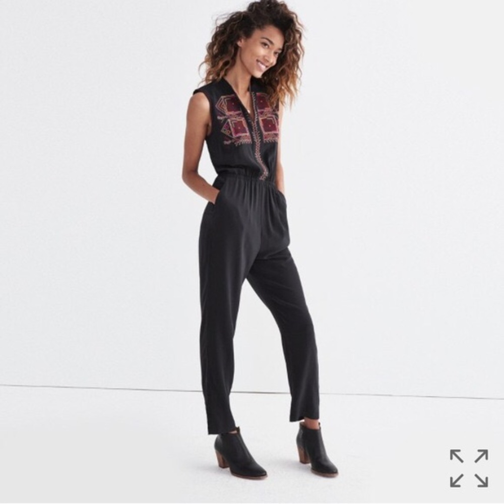 Madewell black silk embroidered jumpsuit